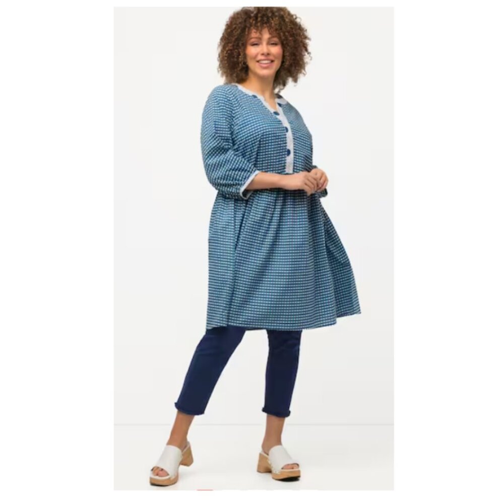 Ulla Popken - Long Blue & White checkered, A-Line, 3/4 sleeve dress